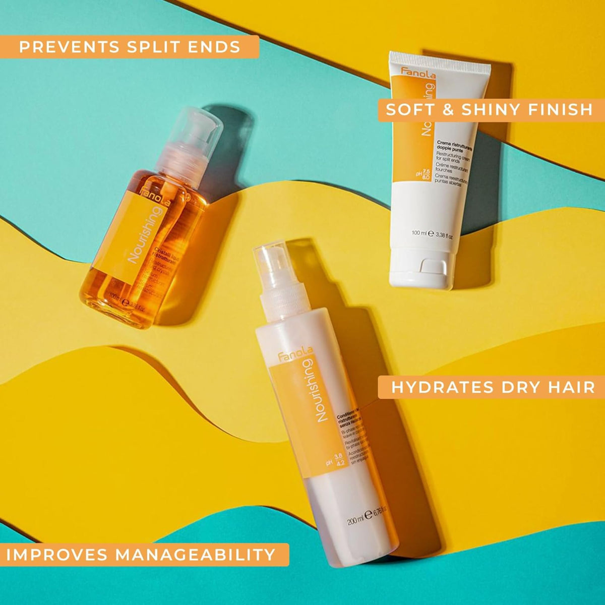 Fanola aloe vera linseed oil hair nourishment closeup emphasizes hydration and bounce.