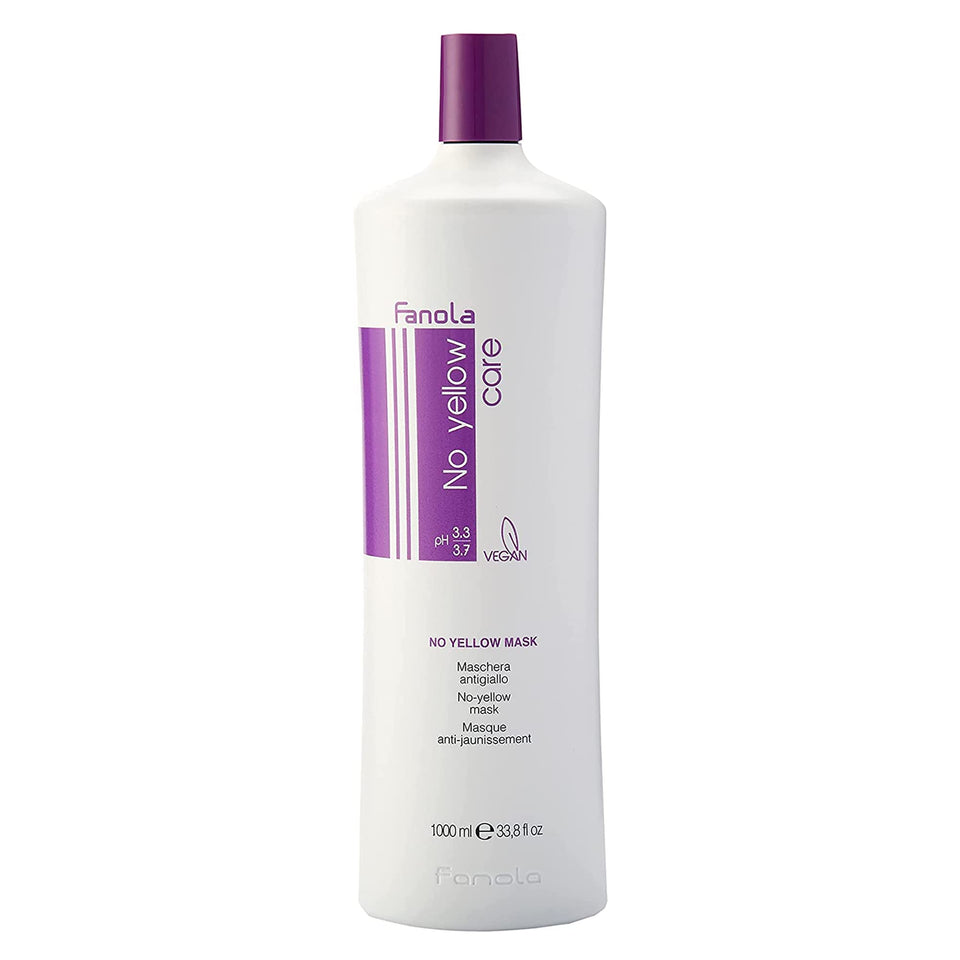 Fanola No Yellow Purple Hair Mask bottle pour shows quick toning for brassy blondes