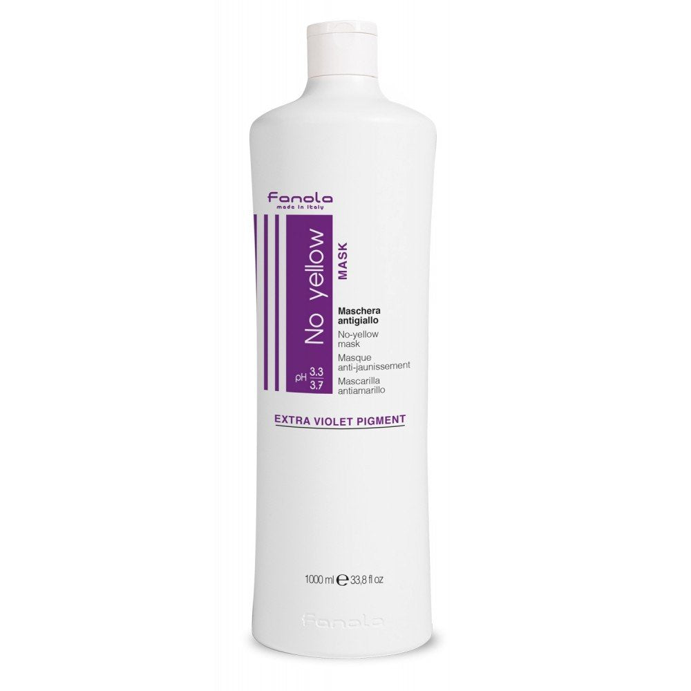 Fanola No Yellow Shampoo bottle closeup highlighting anti-brass formula for bleached locks.