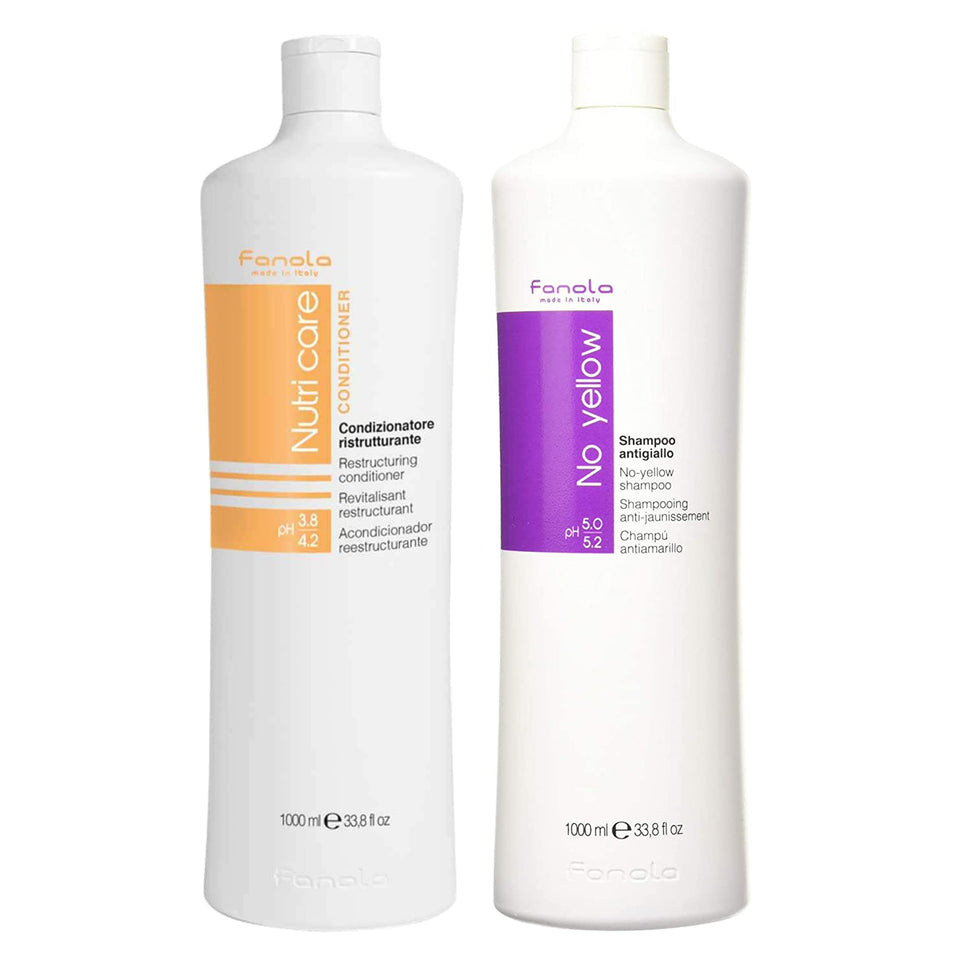 Fanola No Yellow shampoo bottle pours, neutralizing brass on blonde hair.