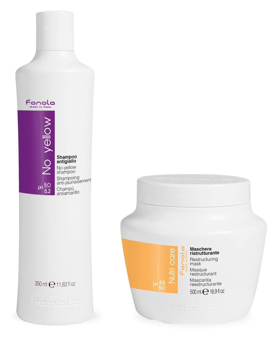 Fanola No Yellow Shampoo tones down yellow on gray hair for cooler color.