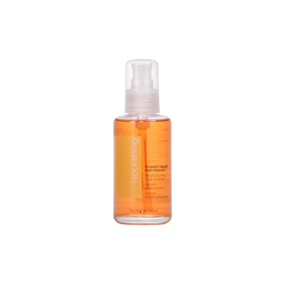 Fanola restructuring liquid crystals bottle pour highlights easy application and lightweight frizz control.