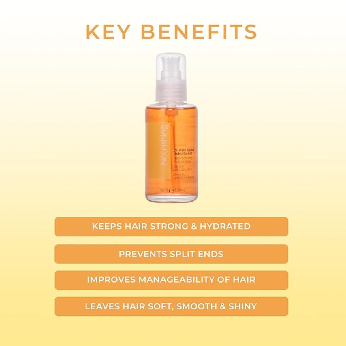 Fanola restructuring liquid crystals serum dispense shows precise dosing for detangling and shine.
