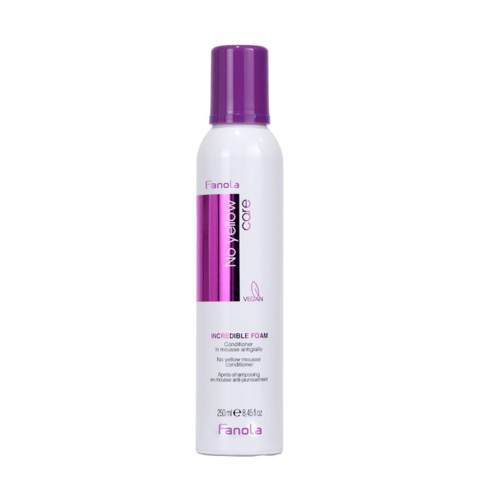 Fanola Yellow Care conditioner bottle showing hydration and frizz control benefits
