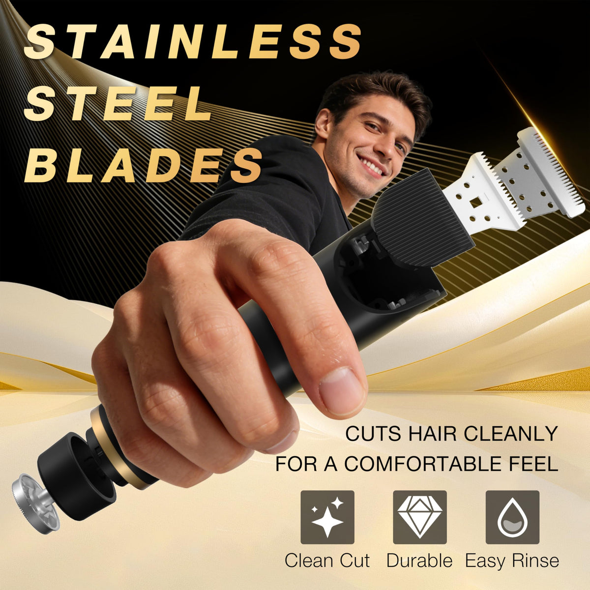 Fanovae Body Trimmer tidies underarms with rounded detail end for neat edges.