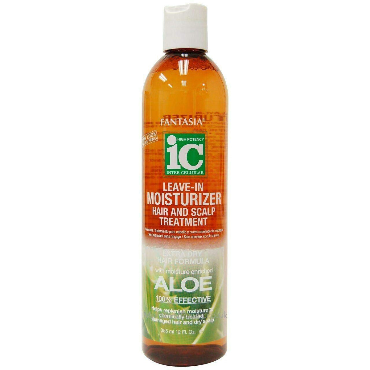 Fantasia leave-in hair treatment bottle; provides moisture, strength, and shine.