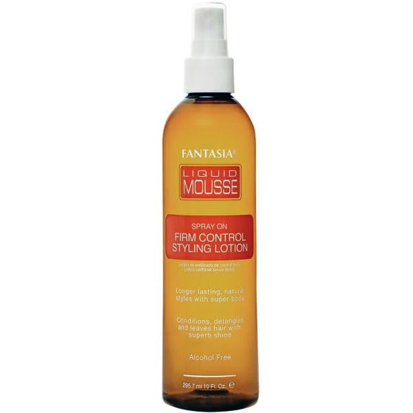Fantasia Liquid Mousse Styling Lotion 10oz bottle offers detangling and flexible hold for defined curls.