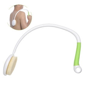 Fanwer back brush with U-shaped handle eases back reach during shower.