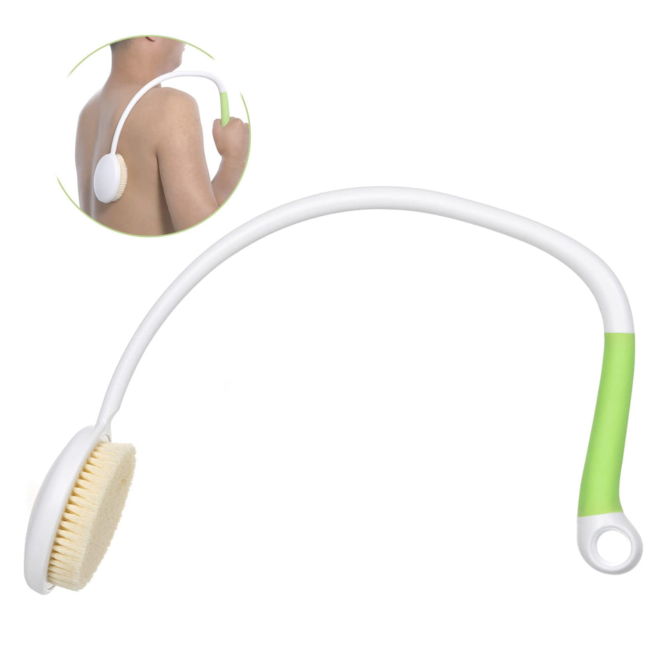 Fanwer back brush with U-shaped handle eases back reach during shower.