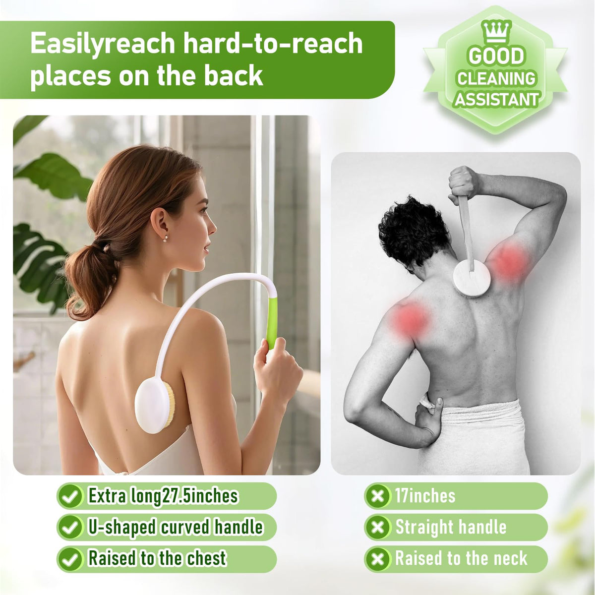 Fanwer back scrubber with soft bristles for gentle cleansing.