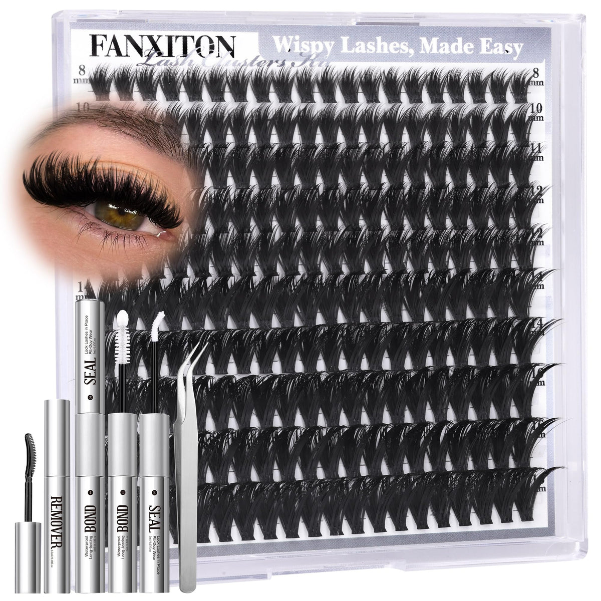 FanXiton lash clusters kit with 200 pieces for at-home salon-volume lashes.