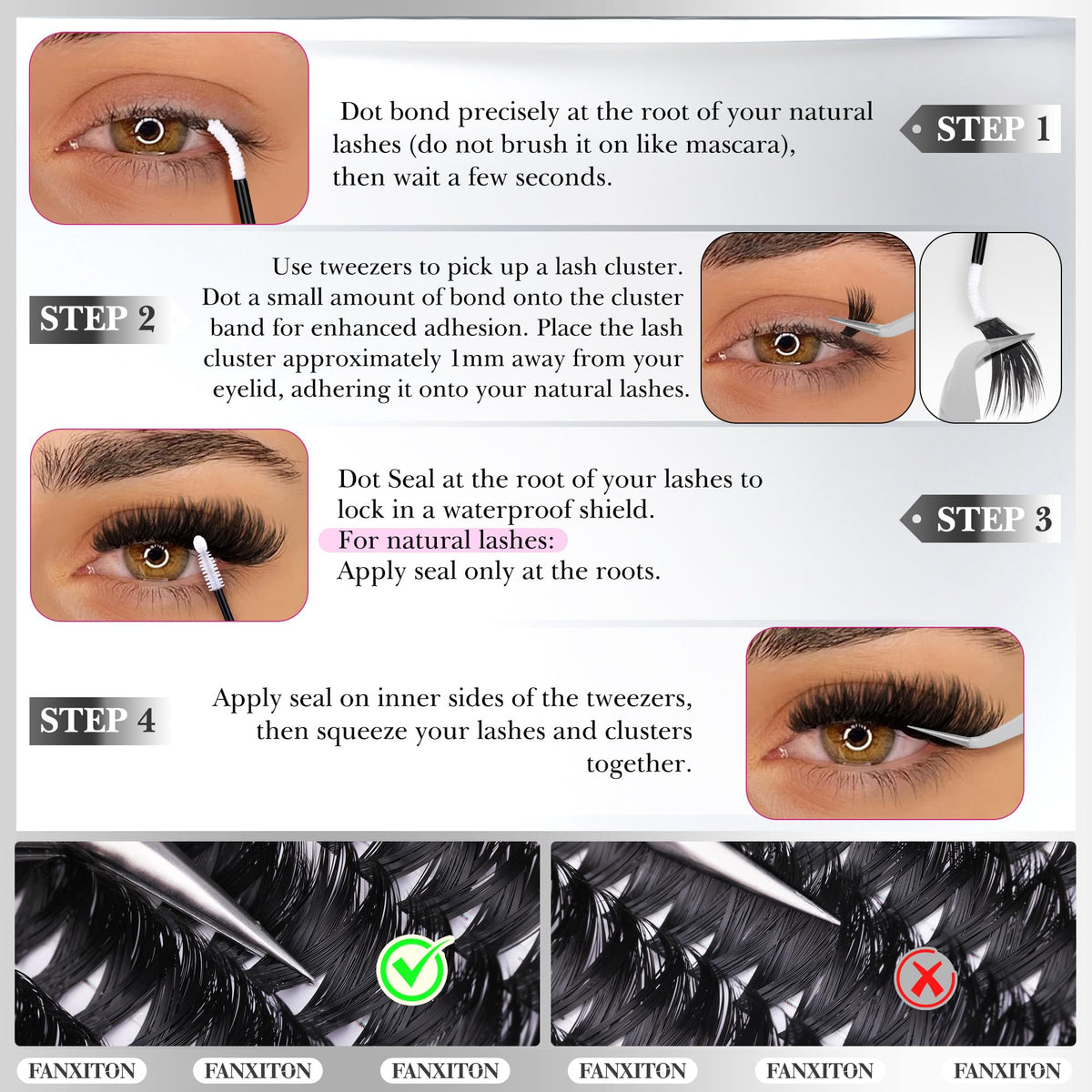 FanXiton waterproof lash glue dries transparent for seamless blending.