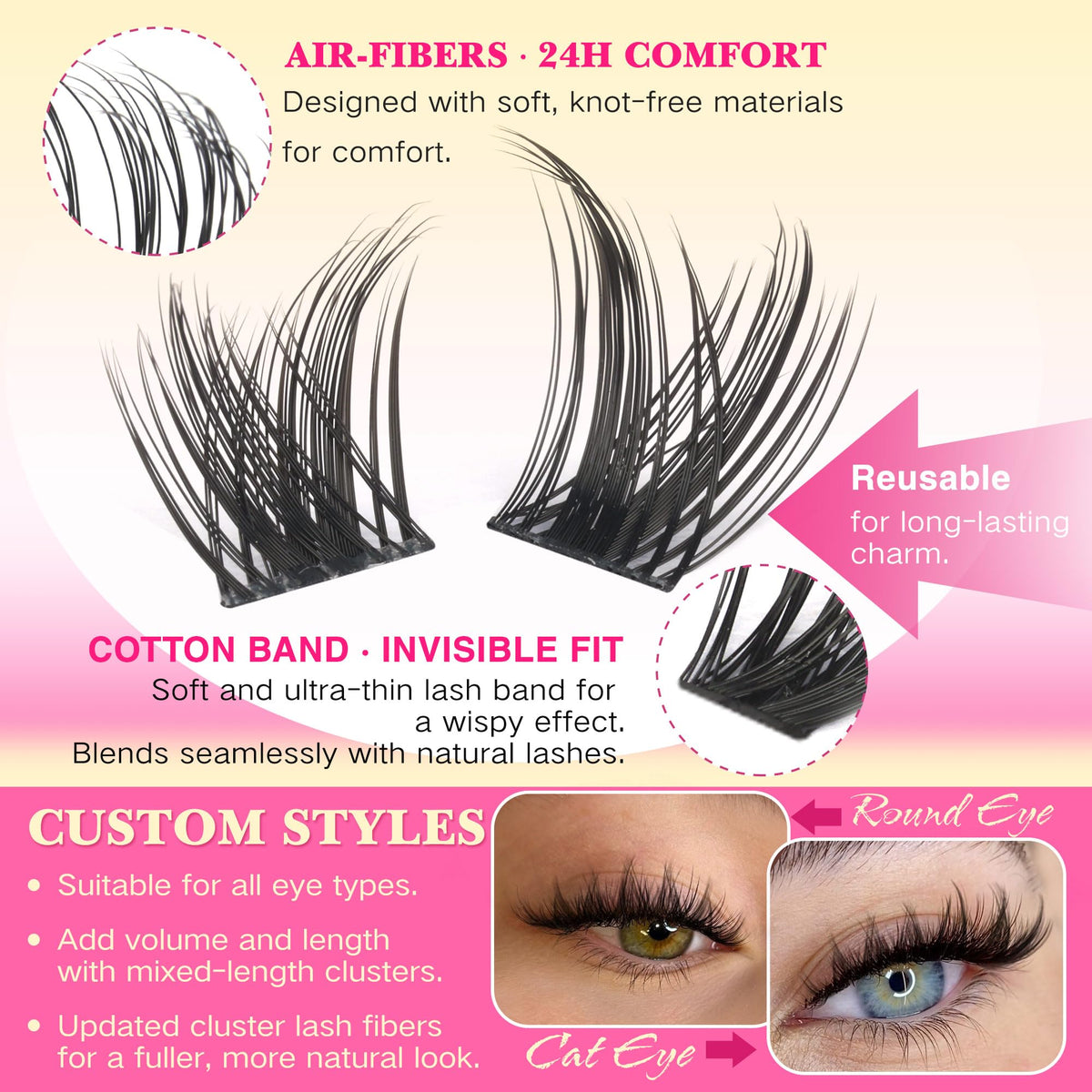 FanXiton wispy lash clusters in 12mm length for soft definition