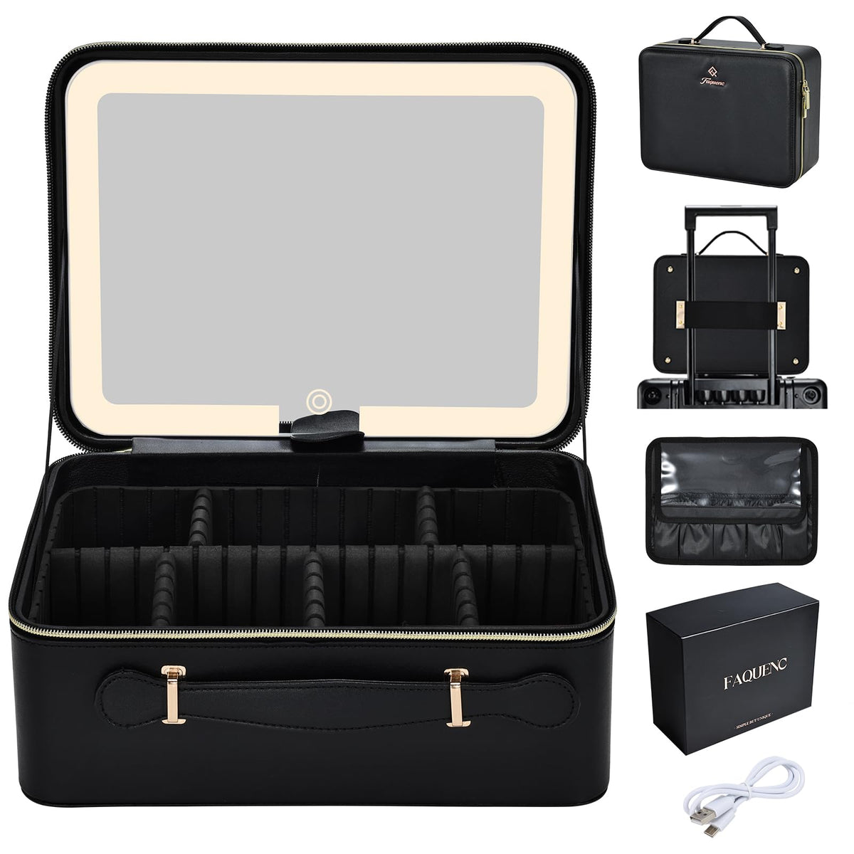 Faquenc extra-large makeup bag with LED mirror for on-the-go touch-ups.