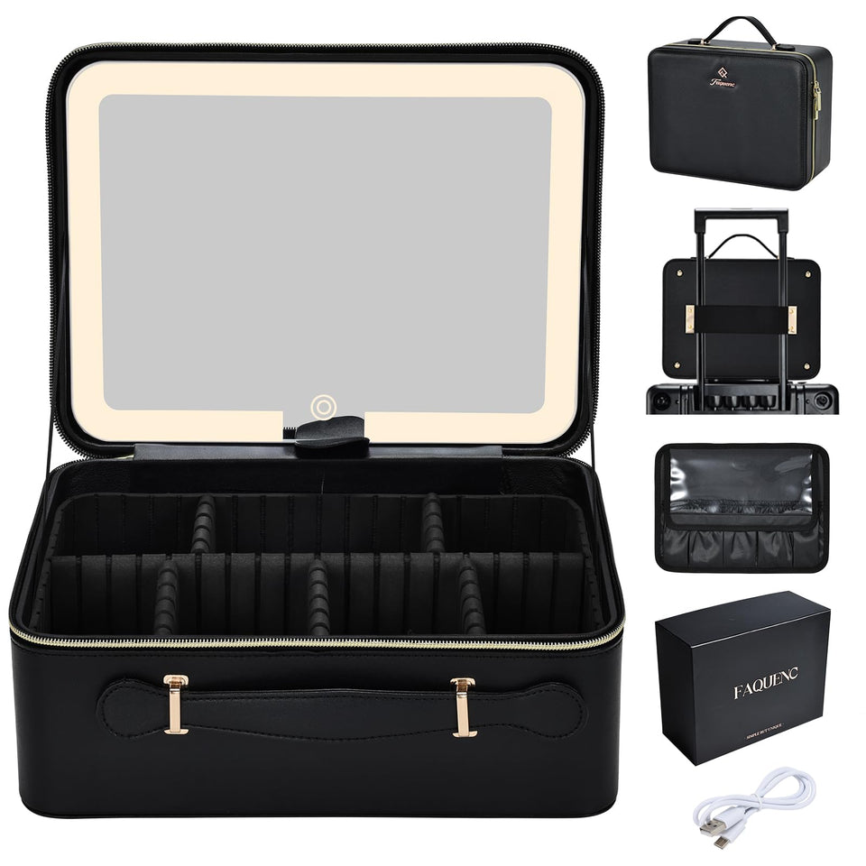 Faquenc extra-large makeup bag with LED mirror for on-the-go touch-ups.