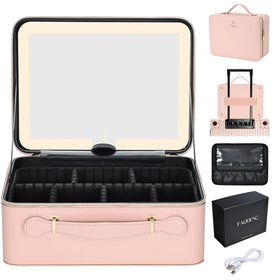 Faquenc leather makeup case with LED mirror, front view, travel-ready styling