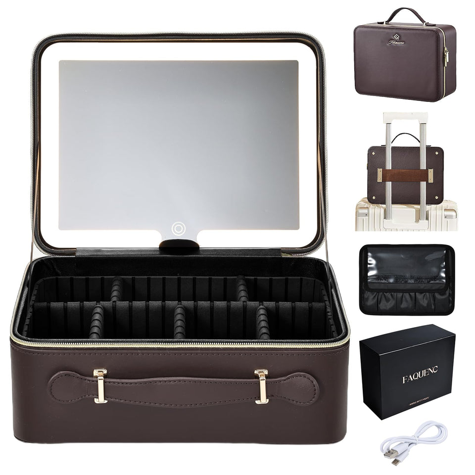Faquenc leather makeup case with LED mirror open view for organized travel makeup