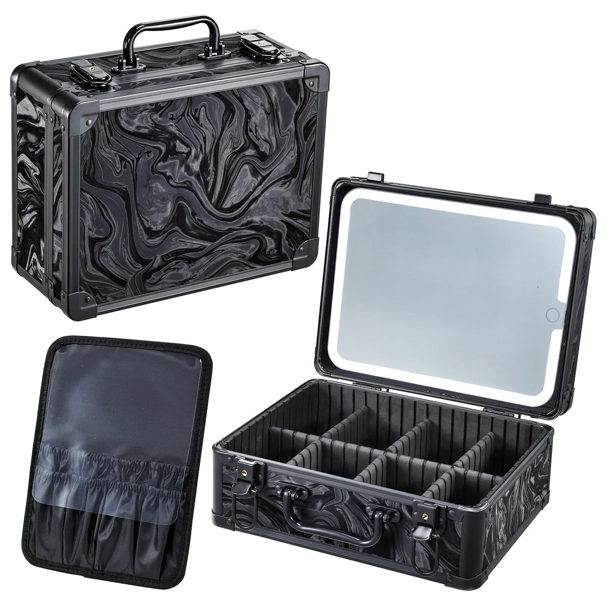 Faquenc makeup bag with LED mirror for on-the-go beauty applications.