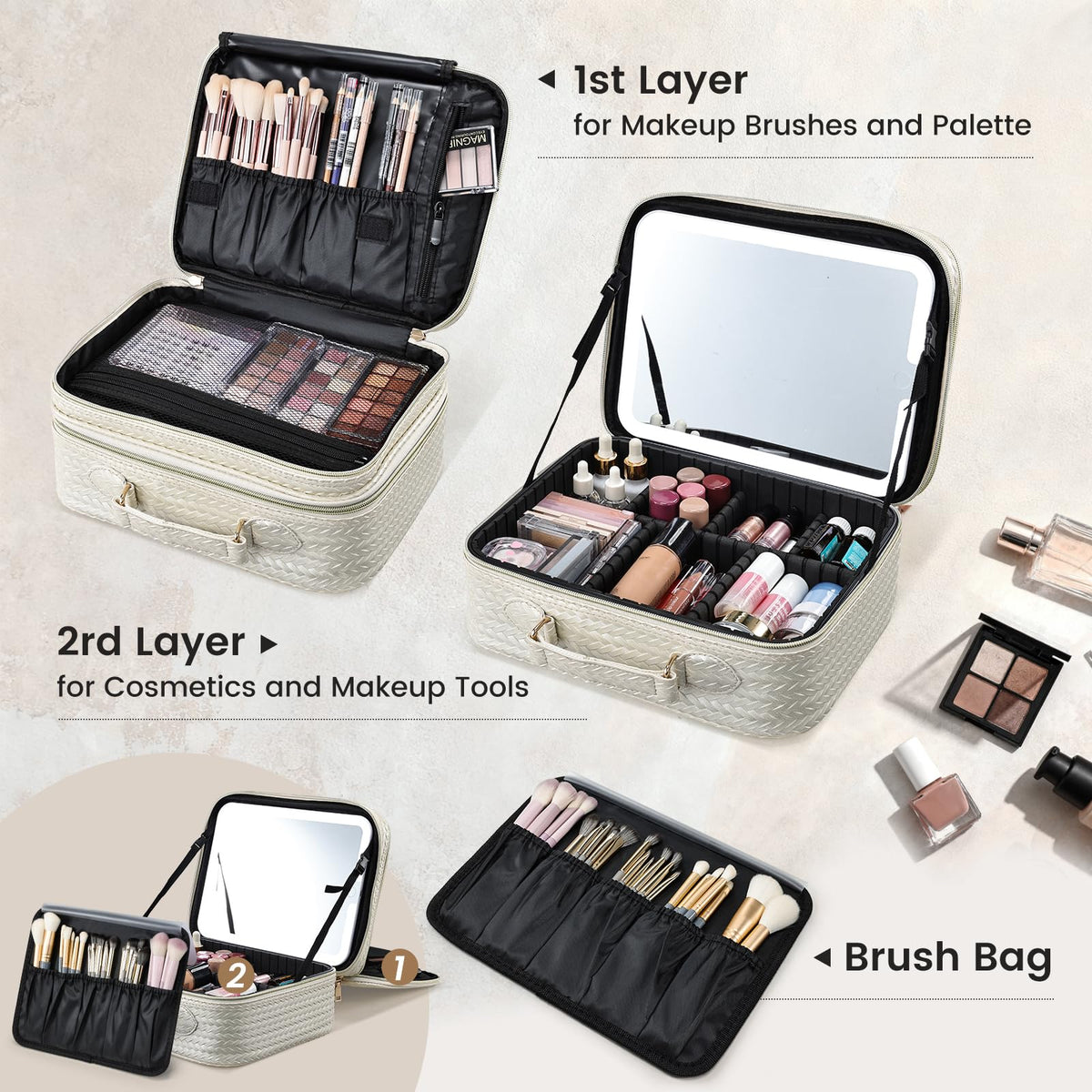 Faquenc two layer organizer with detachable dividers protecting cosmetics during travel