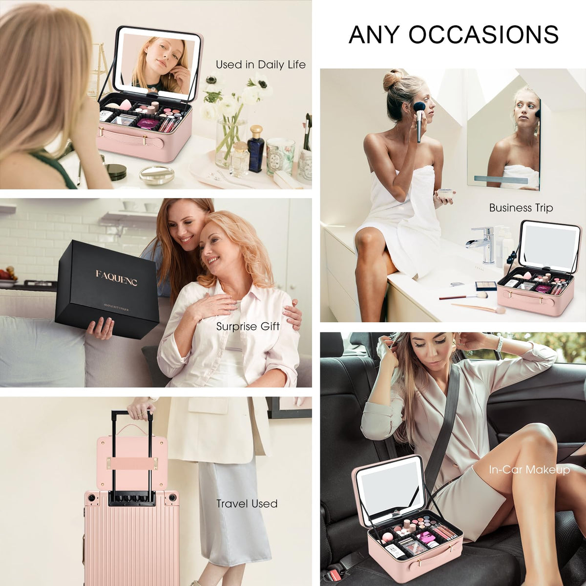 Faquenc pink travel makeup case with built-in battery for lighting