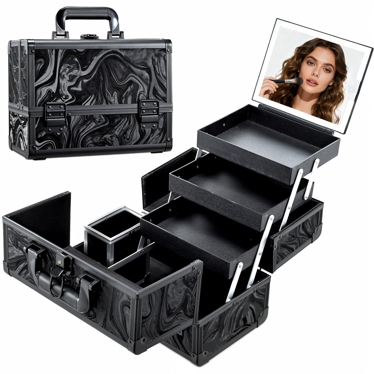 Faquenc travel makeup case with LED mirror shows adjustable lighting for precise makeup on the go.
