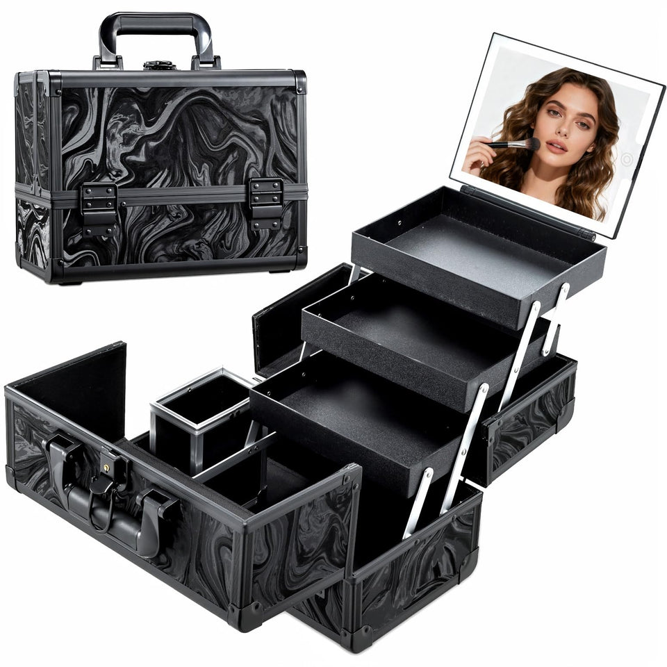 Faquenc travel makeup case with LED mirror shows adjustable lighting for precise makeup on the go.