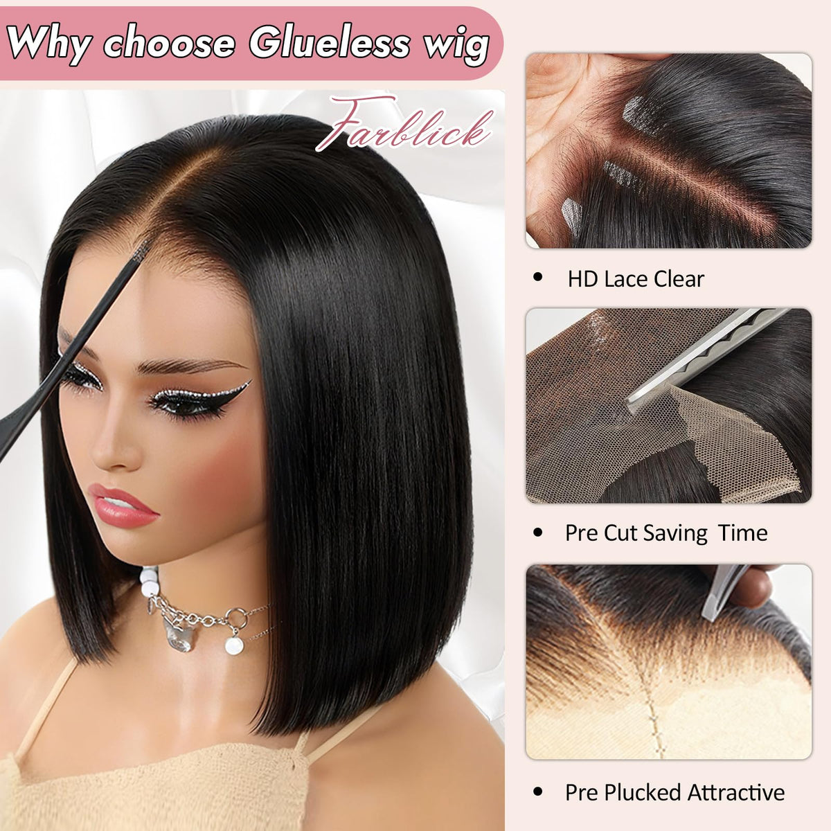 Farblick Bob Wig adjustable cap highlights secure, comfortable fit.