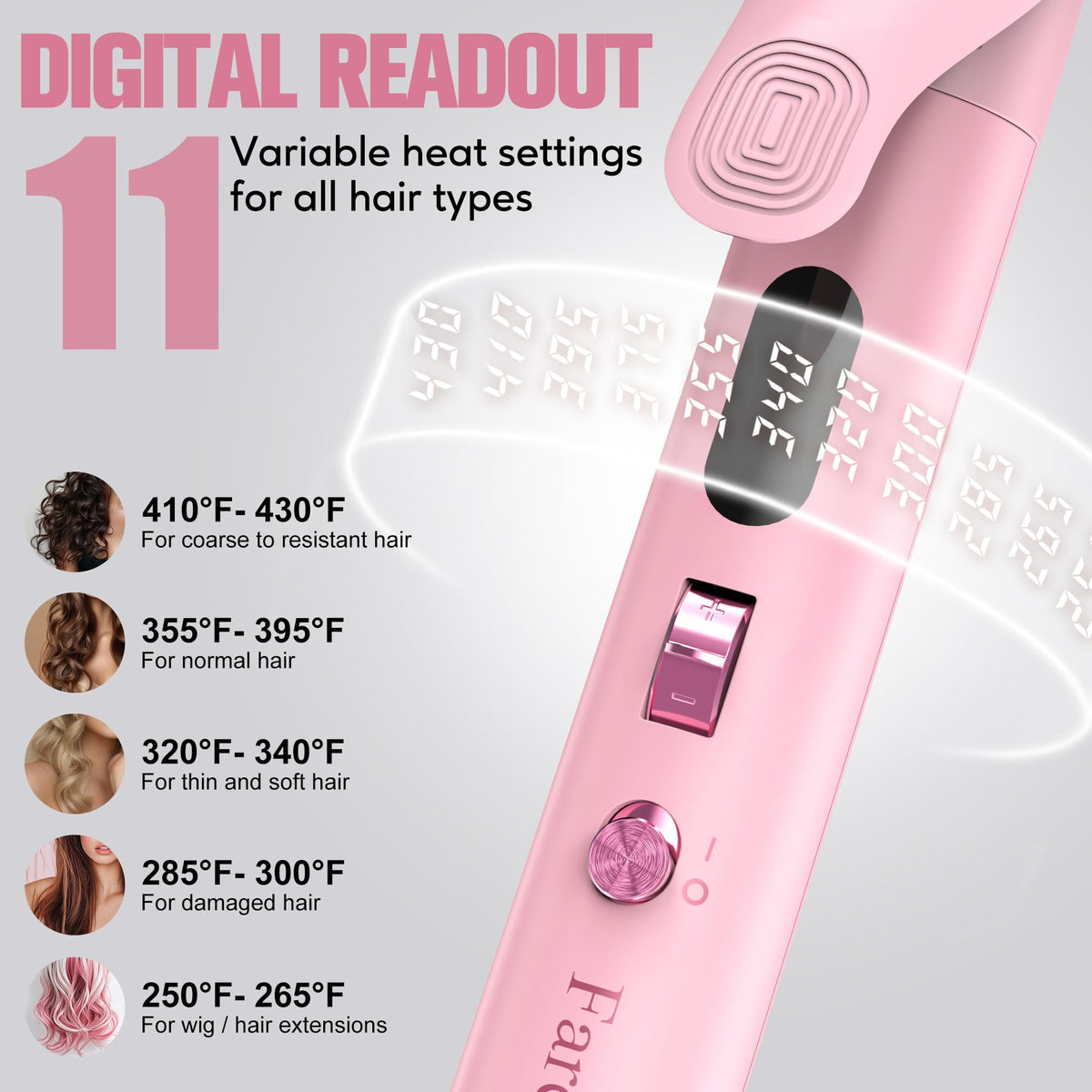 FARERY 11 heat settings tailor temperature for hair textures.