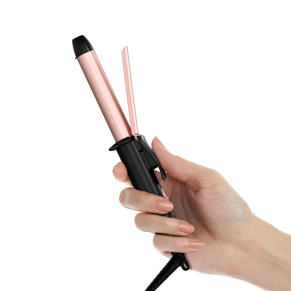 FARERY ceramic mini curler 3/4 inch rose gold close-up for quick portable styling.