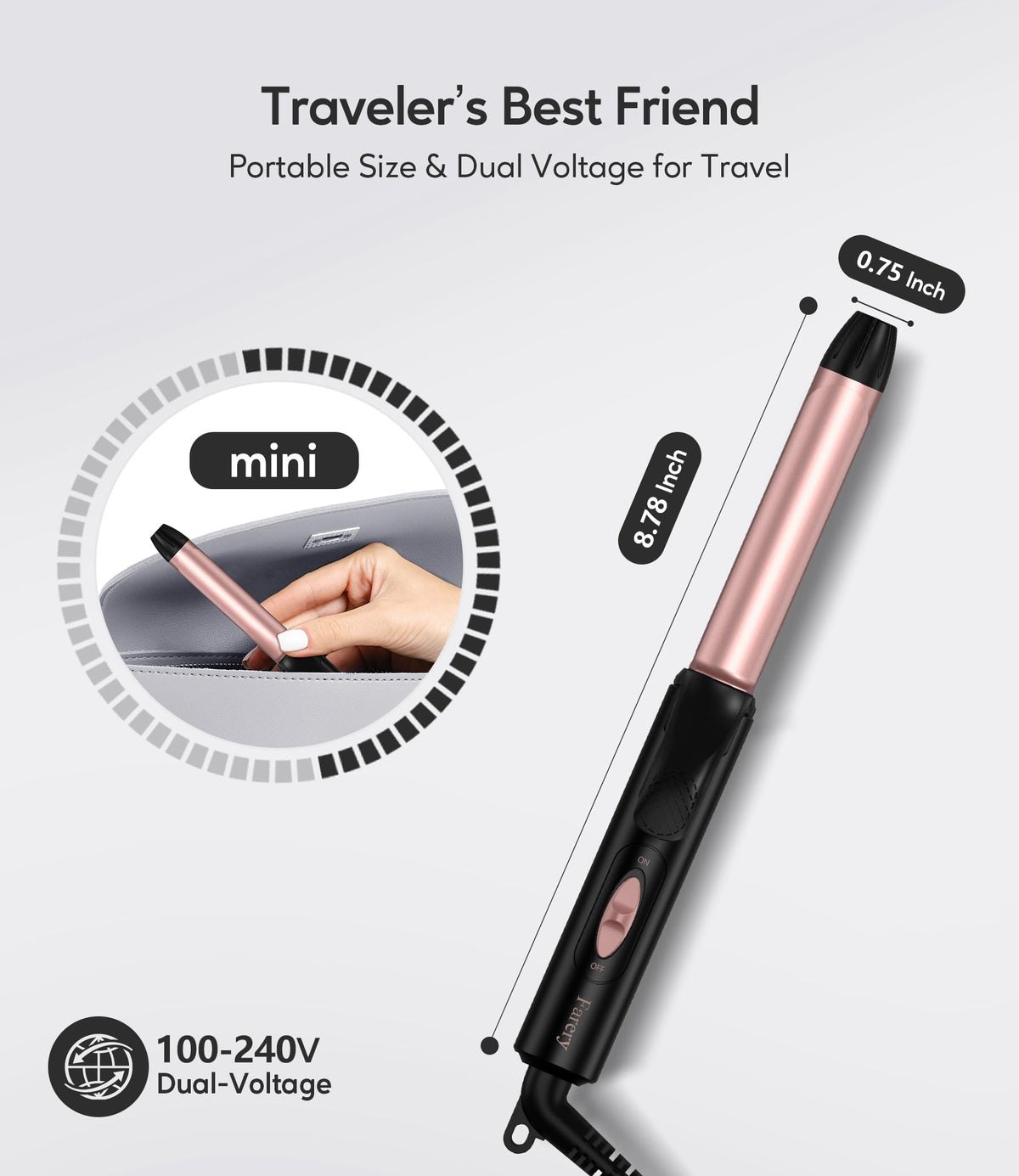 FARERY dual voltage travel curling iron for worldwide styling on the go.