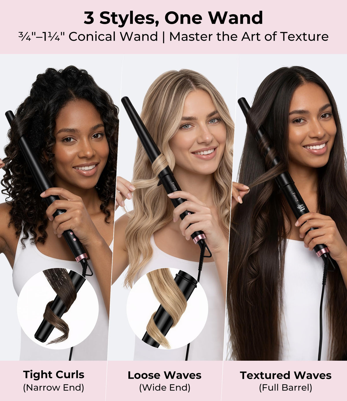 Farery wand LCD display shows precise temperature for tailored styling.