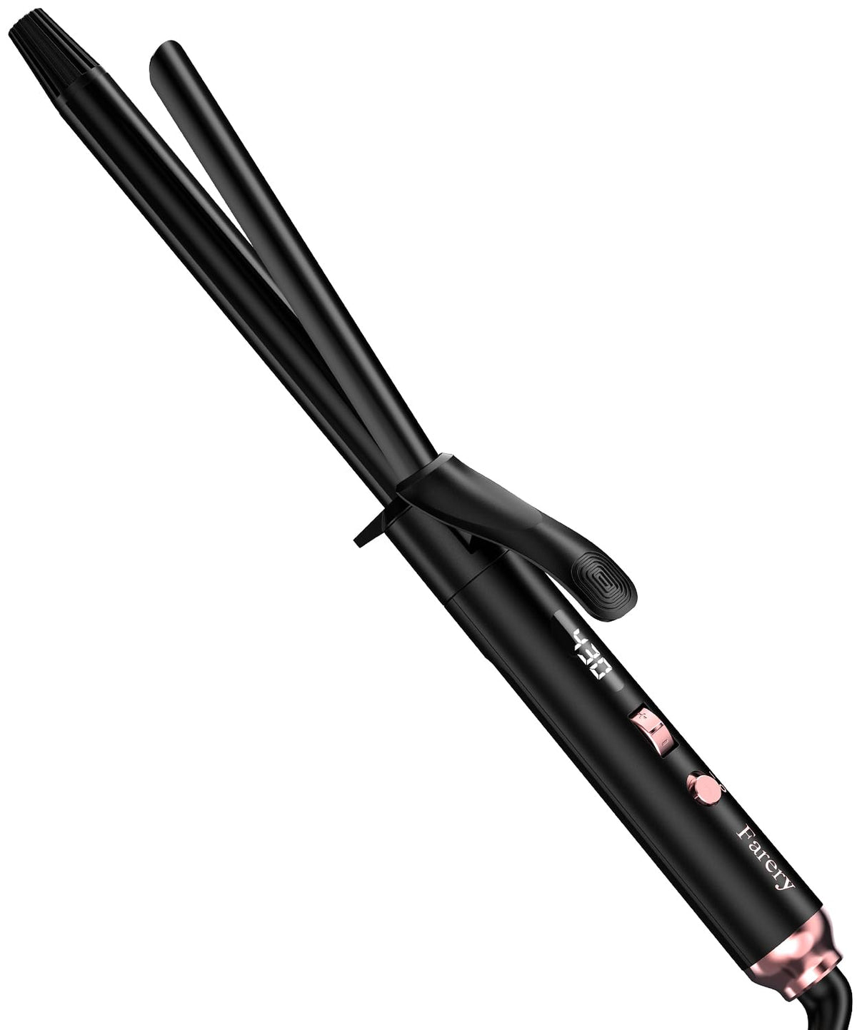 Farery long-barrel curling iron shows its 3-4 inch barrel for defined long-hair curls.