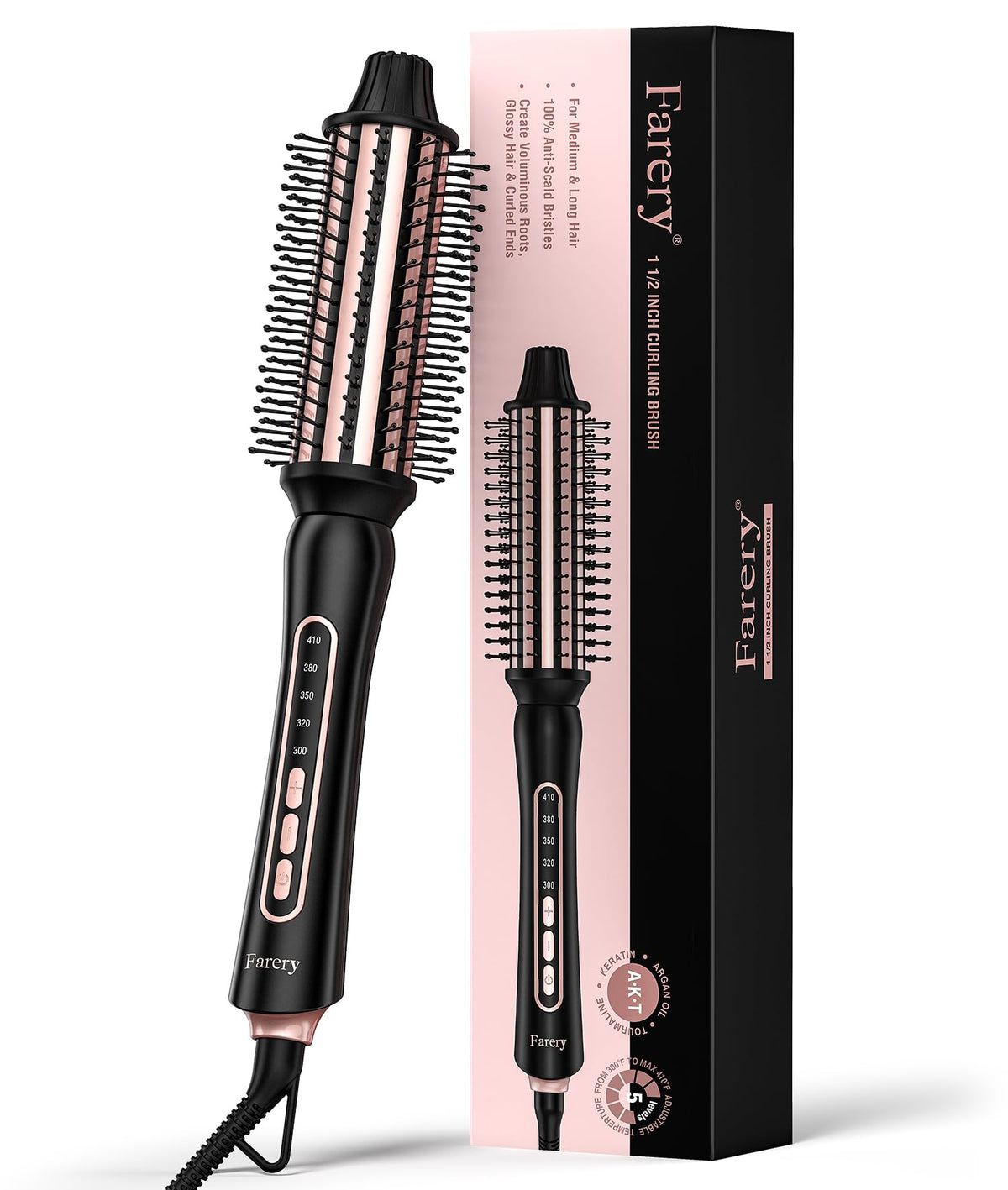 Farery Thermal Brush anti-scald bristles for safe close styling.