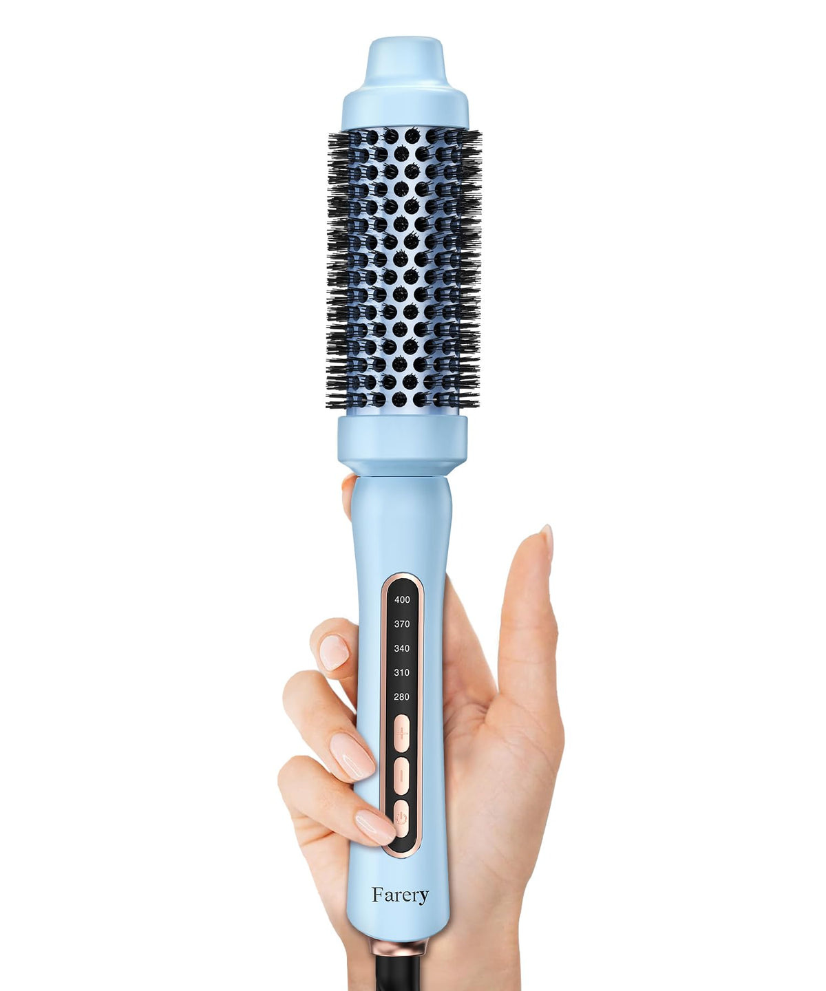 Blue Farery brush highlighting ergonomic design and safe heating features.