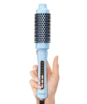 Blue Farery brush highlighting ergonomic design and safe heating features.