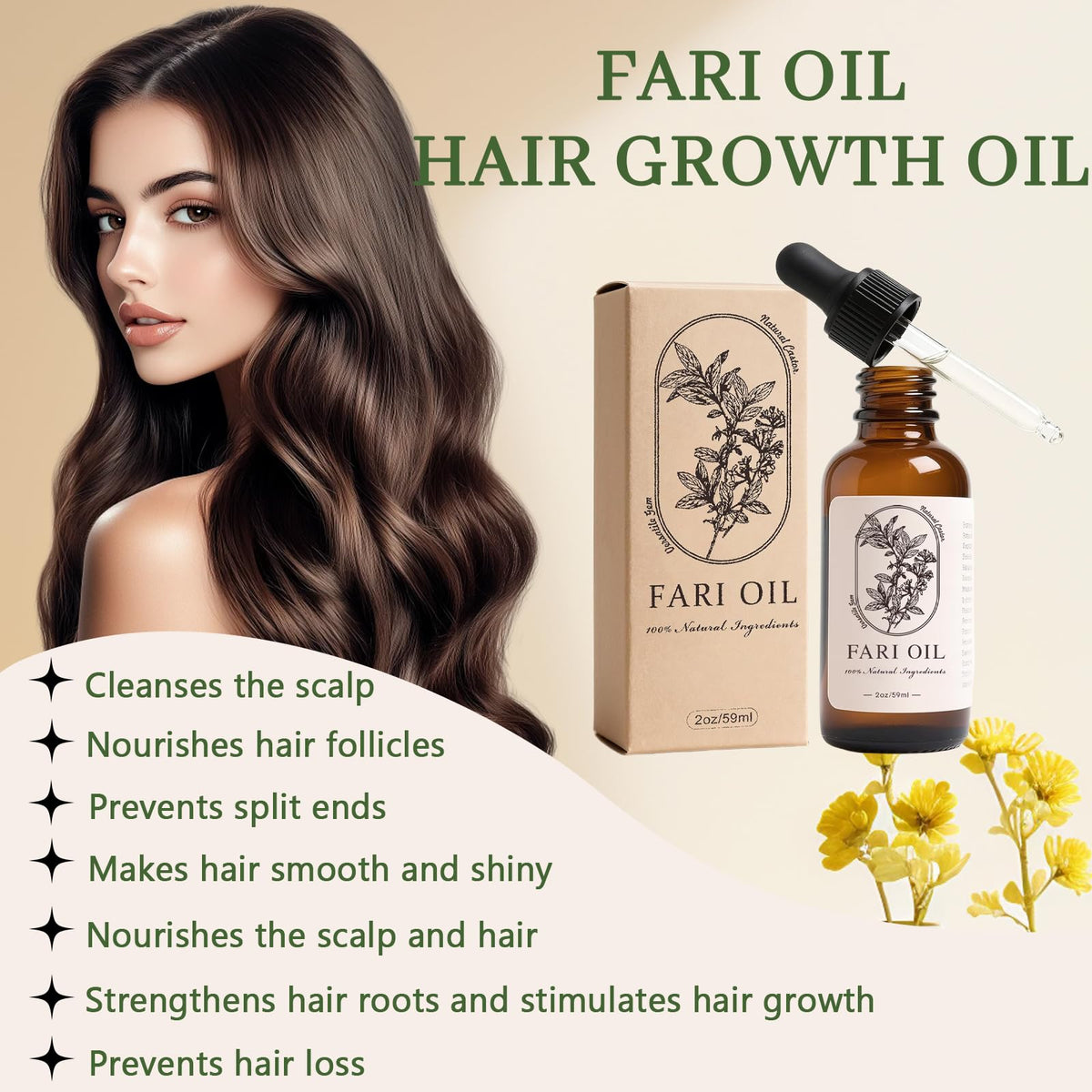 Fari Oil botanical ingredients panel highlights tea tree and peppermint for healthy scalp