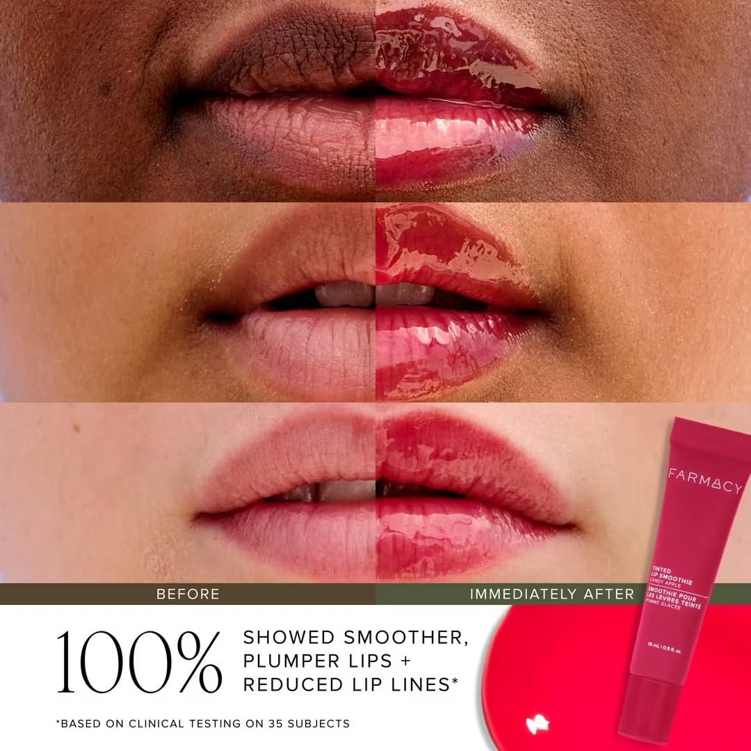 Farmacy Apple A Day lip gloss with apple flavor, high shine.