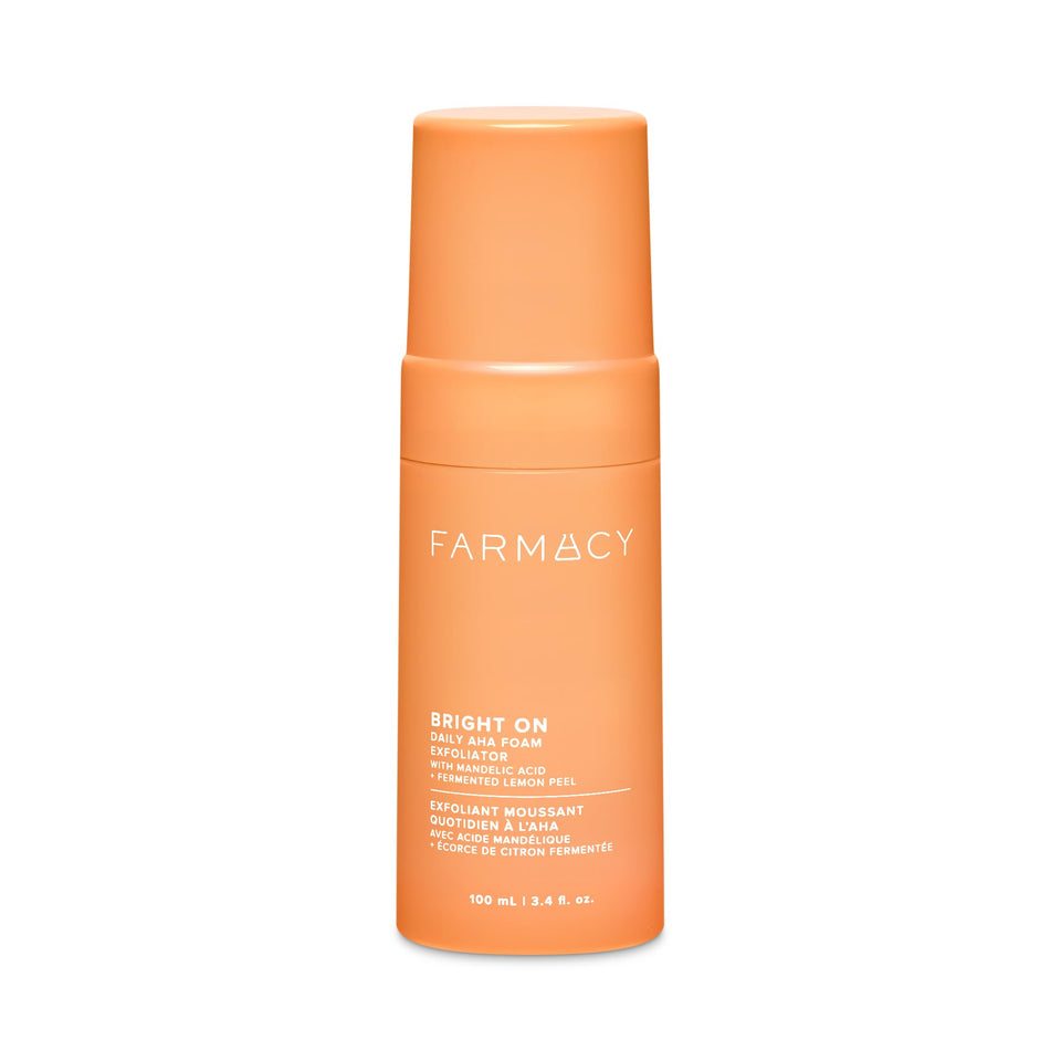 Farmacy Bright On AHA exfoliator bottle front for a quick radiance boost.