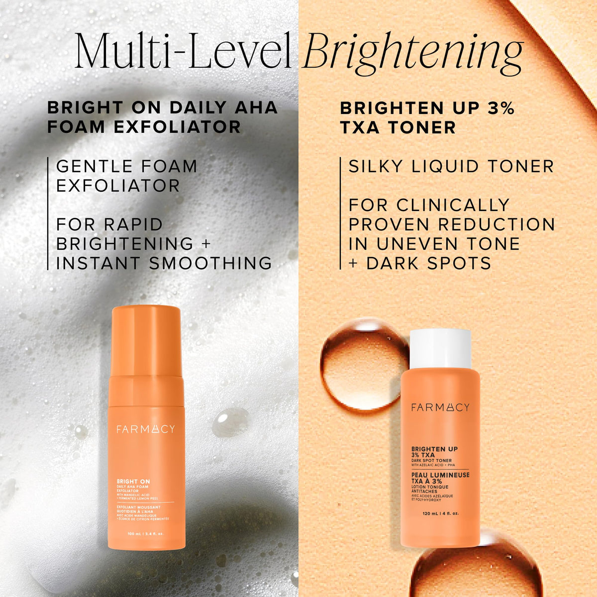 Farmacy Bright On AHA foam application on clean skin before moisturizer.