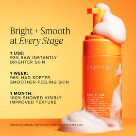 Farmacy Bright On AHA foam closeup highlighting airy texture for gentle daily use.