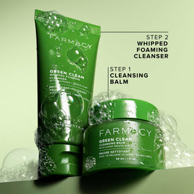 Farmacy Green Clean Cleansing Balm jar shows gentle makeup removal experience.