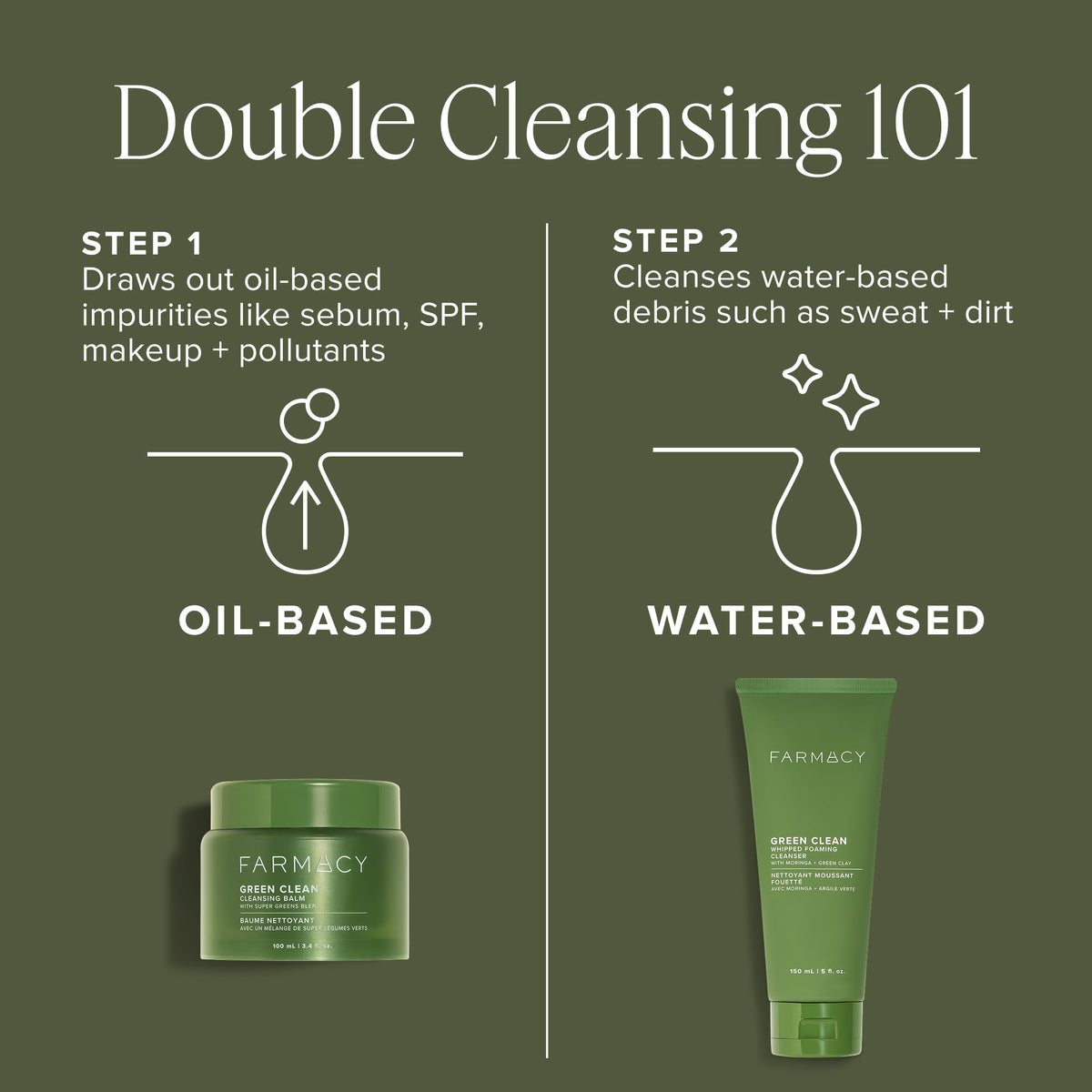 Farmacy Green Clean Whipped Foaming Cleanser jar shows light, foamy lather.