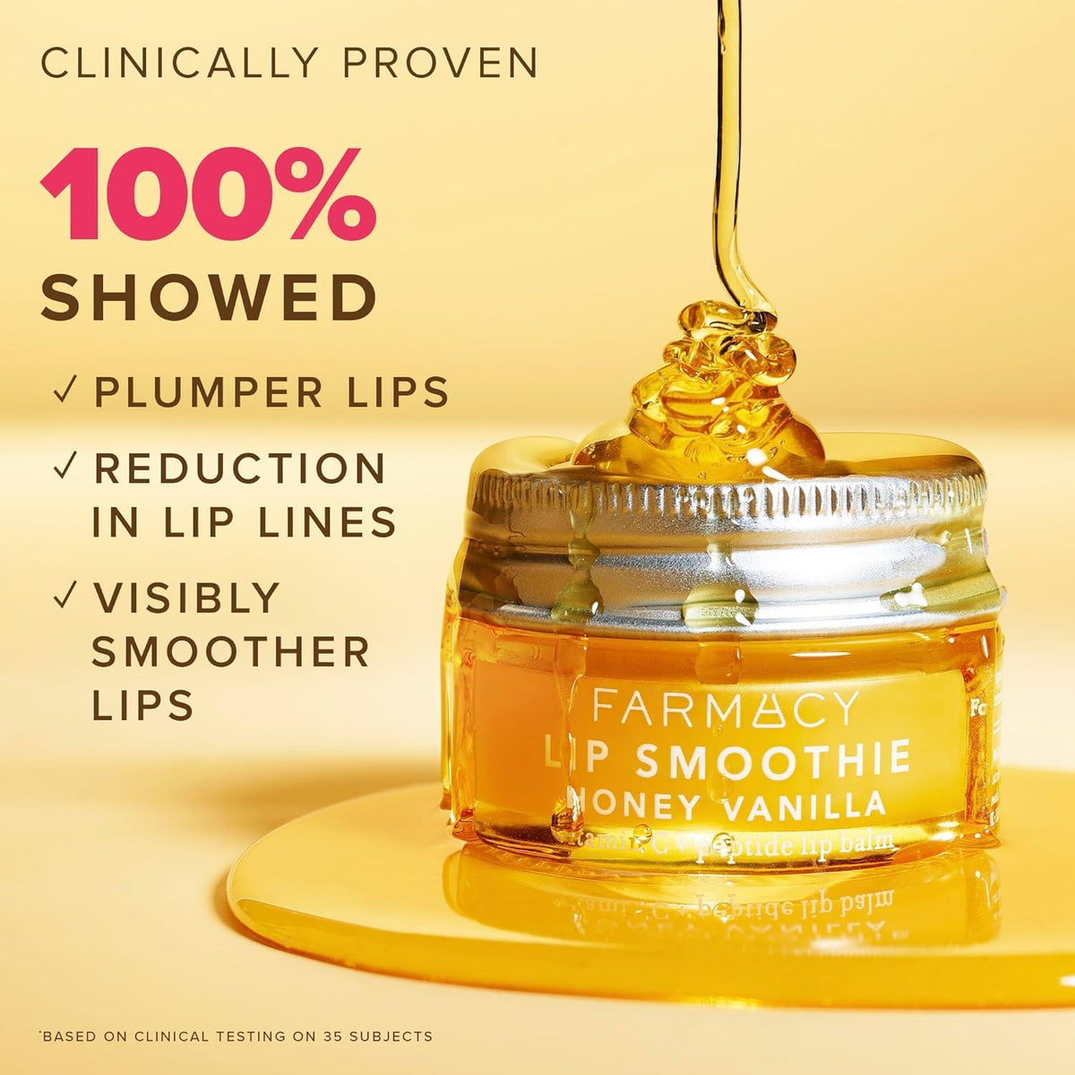 Farmacy lip balm texture swatch shows honey-vanilla smoothing for lips