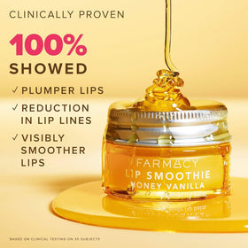 Farmacy lip balm texture swatch shows honey-vanilla smoothing for lips