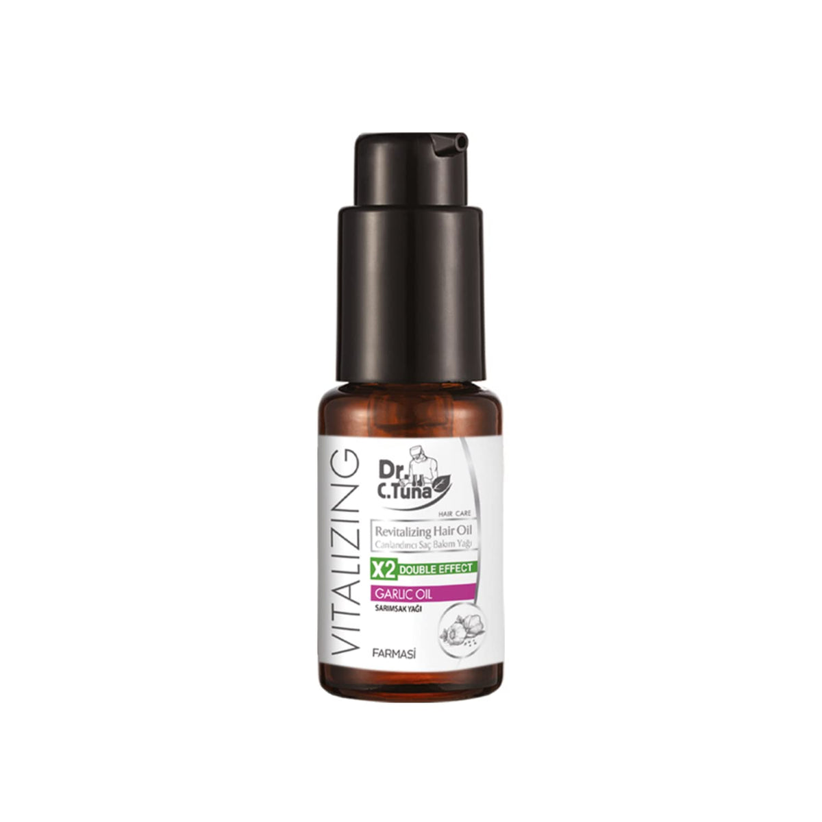 Farmasi Dr. C. Tuna garlic oil bottle showing root-to-tip nourishment for fuller-looking hair.