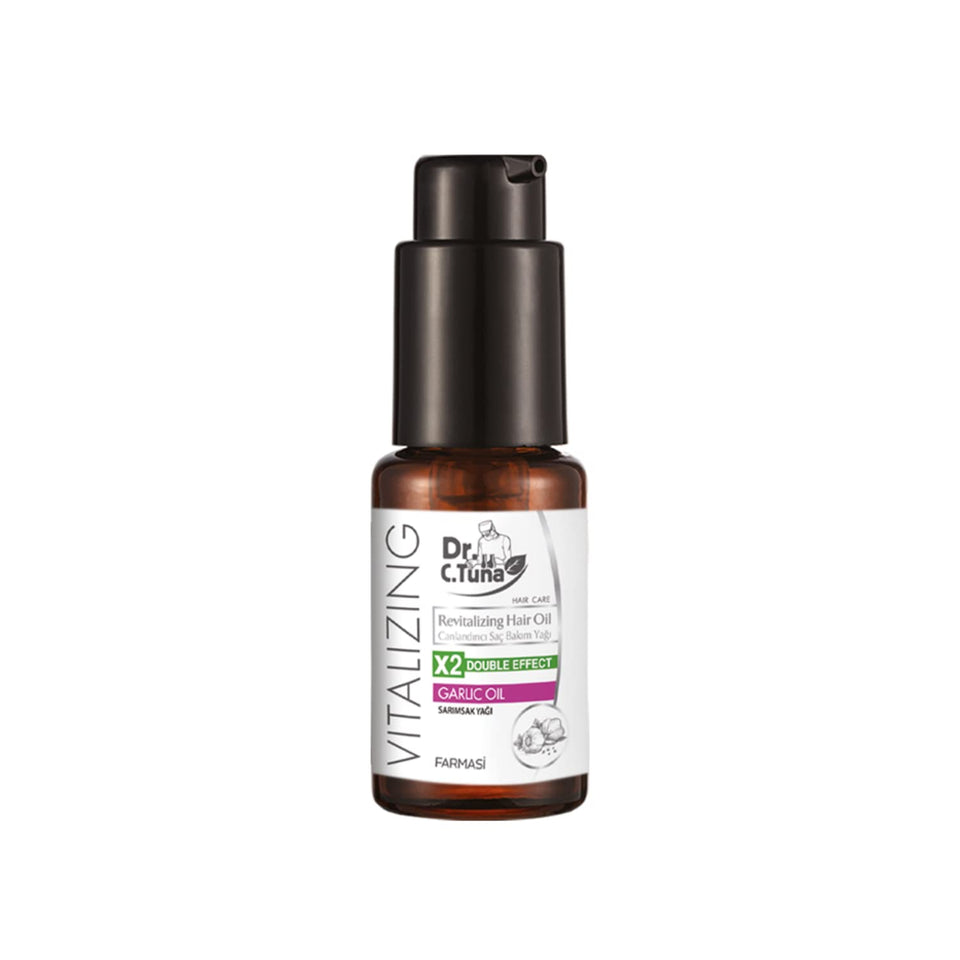 Farmasi Dr. C. Tuna garlic oil bottle showing root-to-tip nourishment for fuller-looking hair.