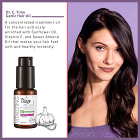 Farmasi Dr. C. Tuna garlic oil droplet illustrating easy night scalp massage use.