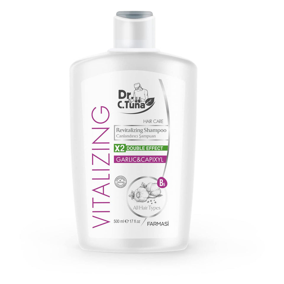 FARMASi Dr. C. Tuna garlic shampoo bottle front view, highlighting nourishing formula for daily use.