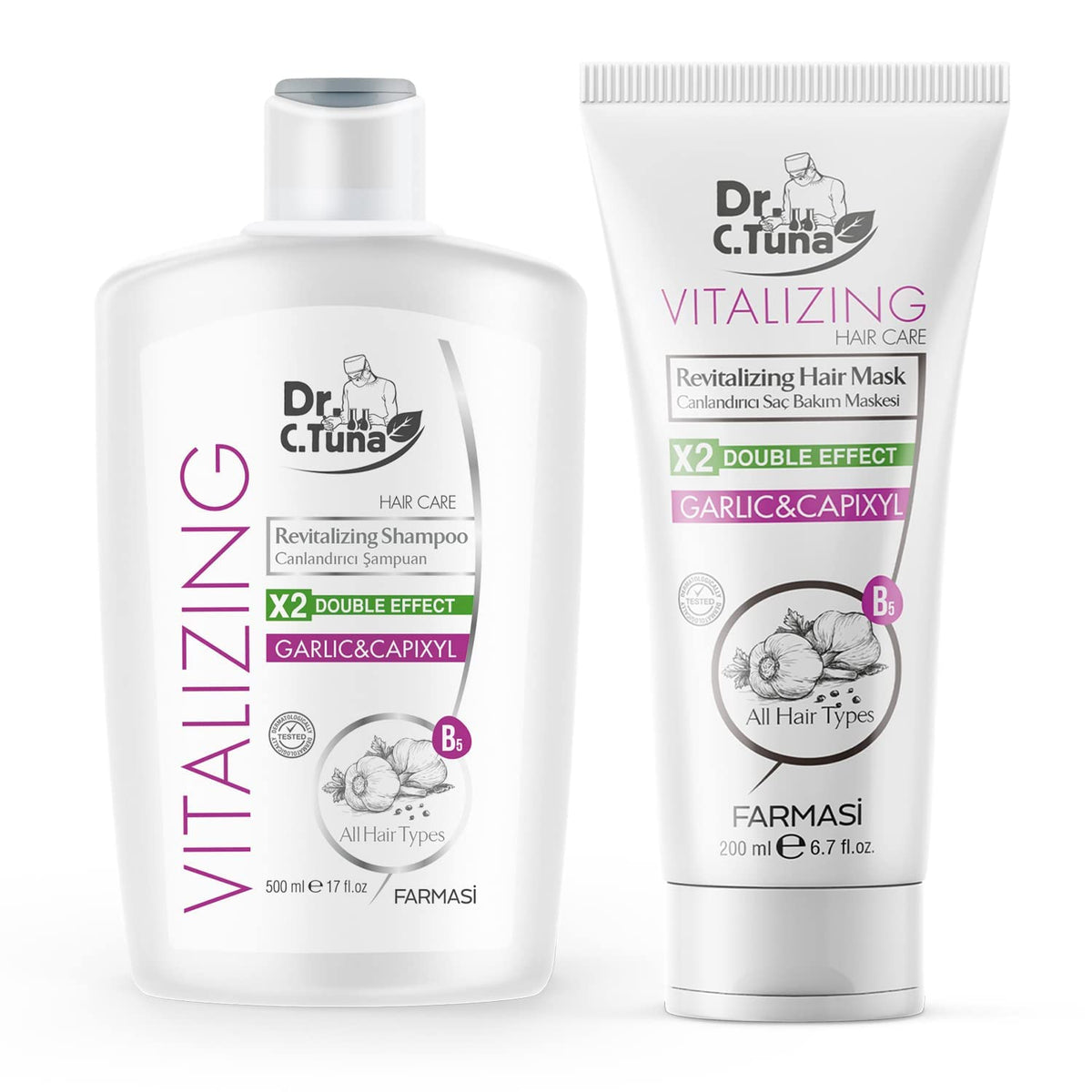 FARMASi Dr. C. Tuna Vitalizing Garlic Shampoo bottle highlighting scalp nourishment