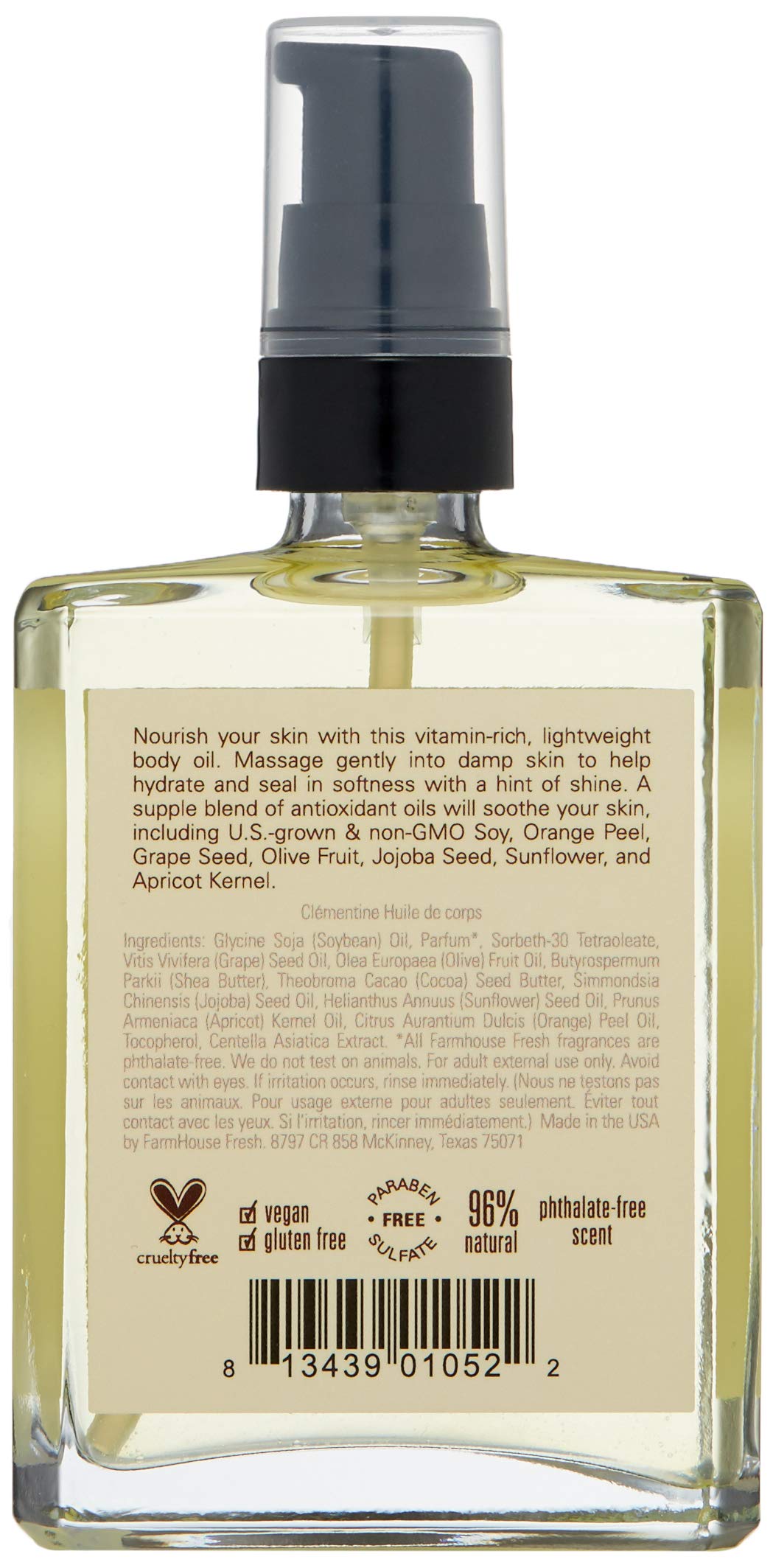 FarmHouse Fresh Clementine Body Oil closeup bottle glistening with citrus hydration